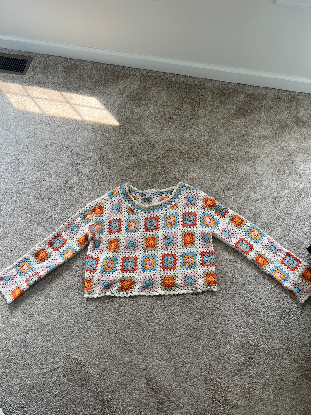 Sincerly Jules Multicolor Crochet Granny Square Scoop Neck Sweater